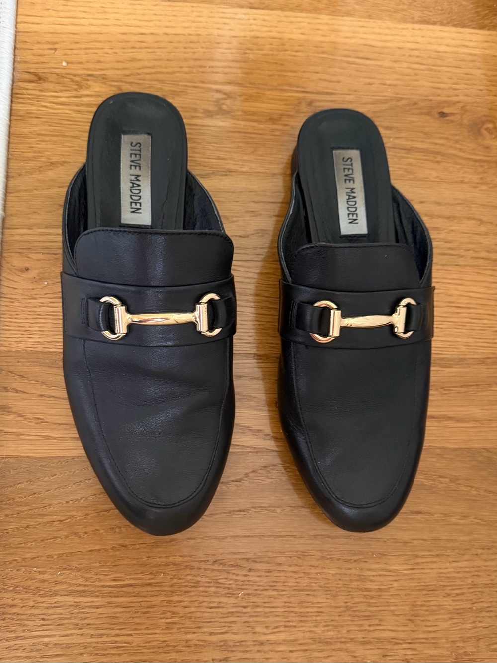 Steve Madden Black Leather Slip-On Mules with Gold Hardware